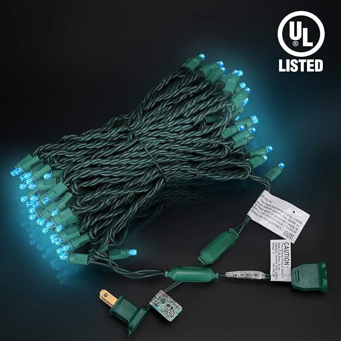 100 Counts Aqua LED Christmas Lights – 50ft 5mm Aqua Christmas Lights Outdoor Commercial Grade Waterproof Indoor Christmas Tree Decorations Green Wire Mini Aqua String Lights UL IP:65