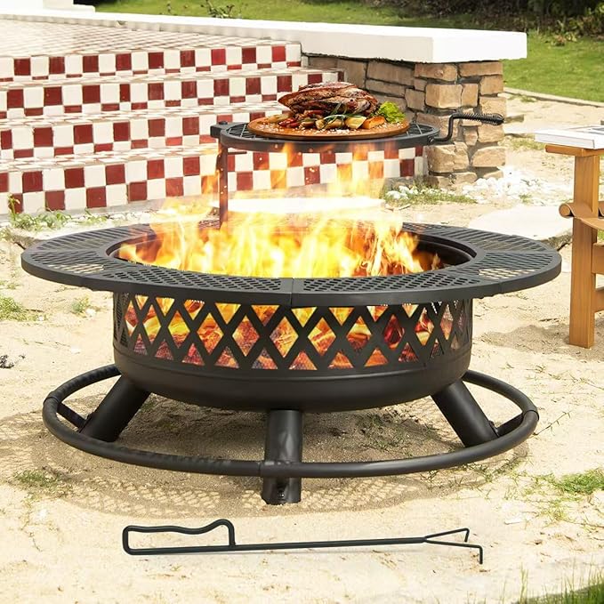 Panovue 42 Inch Outdoor Fire Pit with Grill Large Firepit Table for Outside Metal Round Firepits with Lid&ampFire Poker3 in 1 Wood Burning Fire Pits &amp Outdoor Fireplaces for BackyardPatio(42'