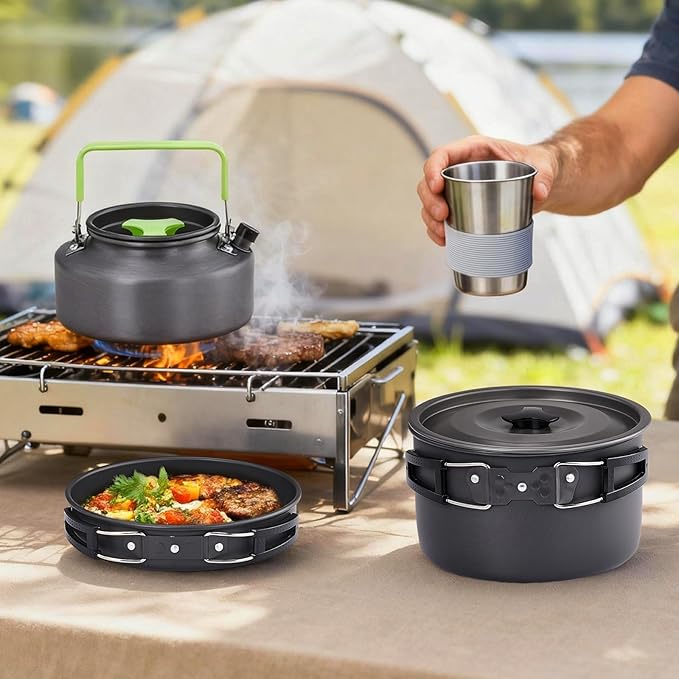 ROVSUN 34/10/6 pcs Camping Cookware Mess Kit Lightweight Non-Stick Camping Cooking Pot and Pan Set with Stainless Steel Camping Gear Kettle Cup for Open Fire Backpacking Outdoor Cooking
