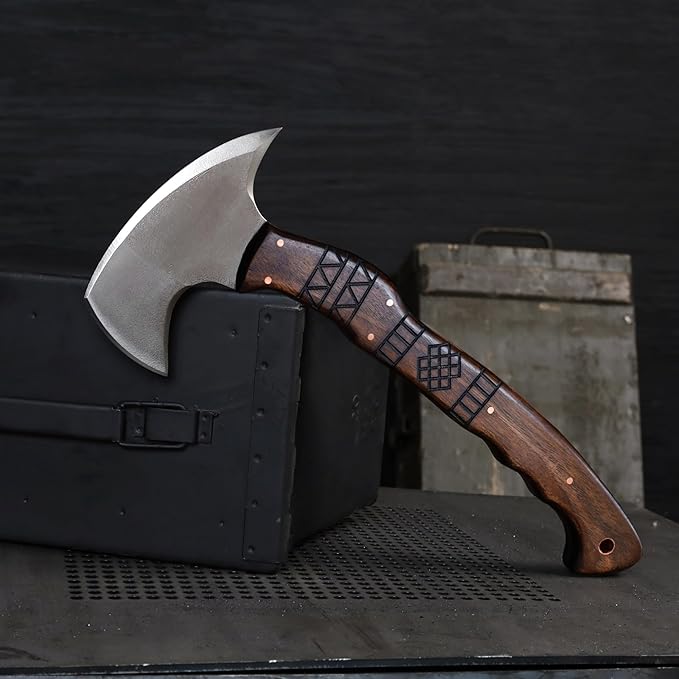 AncientSmithy Tactical Tomahawk Full Tang Camping Axe Outdoor Hatchet for Chopping with Tribal Engraving (14'' Blade with Spike and Sheath)