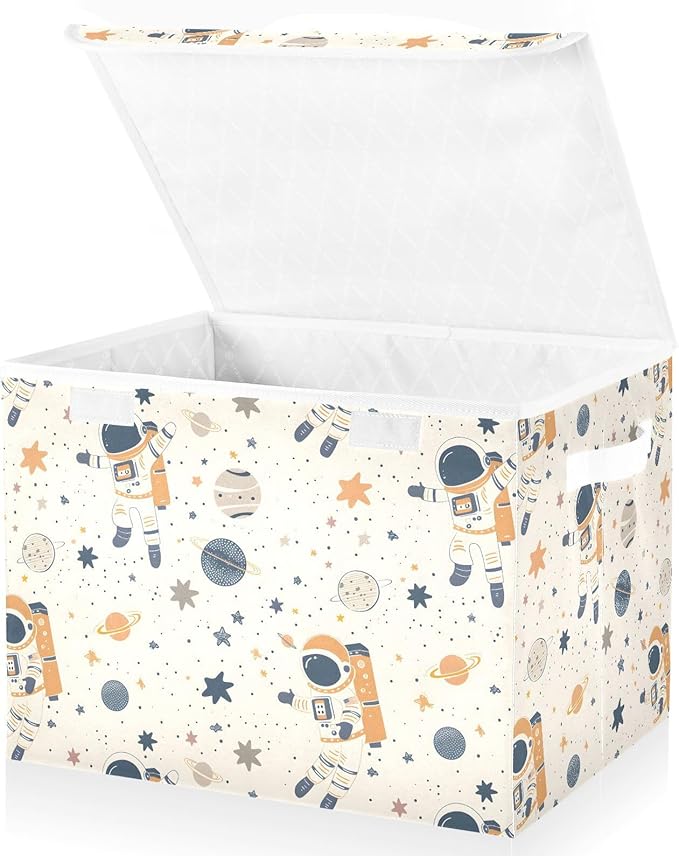 Large Storage Bins with Linen Collapsible Foldable Storage Cubes Fabric Closet Organizer Containers box with Flip-Top Lid for Home Bedroom Office 16.7 x 12.6 x 11.8in (Astronauts Planets and Stars)