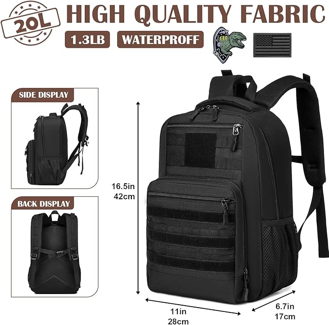 Kids Tactical Backpack Army Molle Bookbag Military Boys Backpack for School Outdoor Camping Black+Black