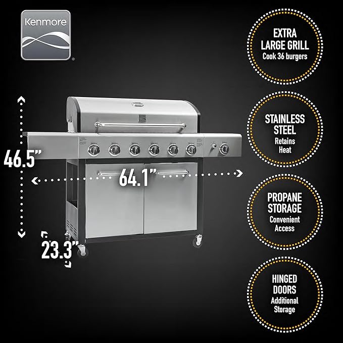 Kenmore 6-Burner Propane Gas BBQ Grill with Side Burner 73000 BTUs Stainless Steel Cabinet Grill with Cast Iron Grates for Outdoor Cooking Backyard BBQ Patio Large Parties