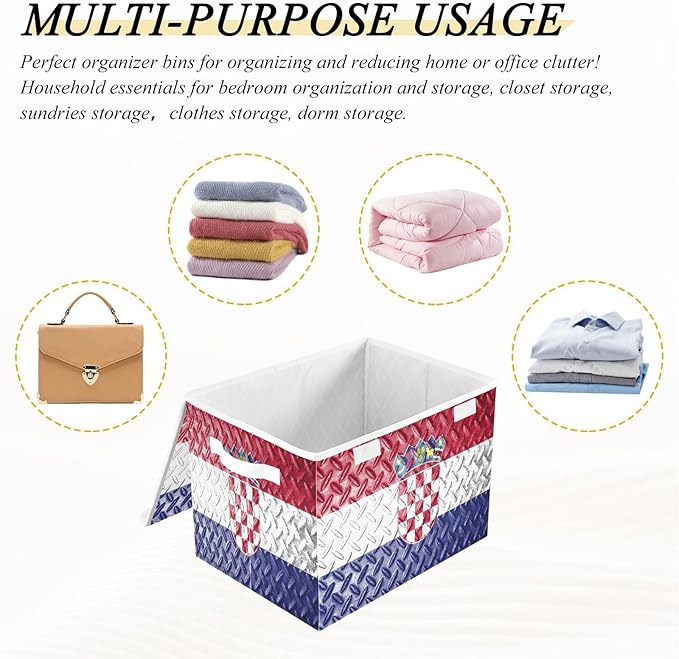 Croatia Flag Blue Red Storage Bins with Lids Foldable Closet Organizer Storage Bins with Handles for Dorm Room Home