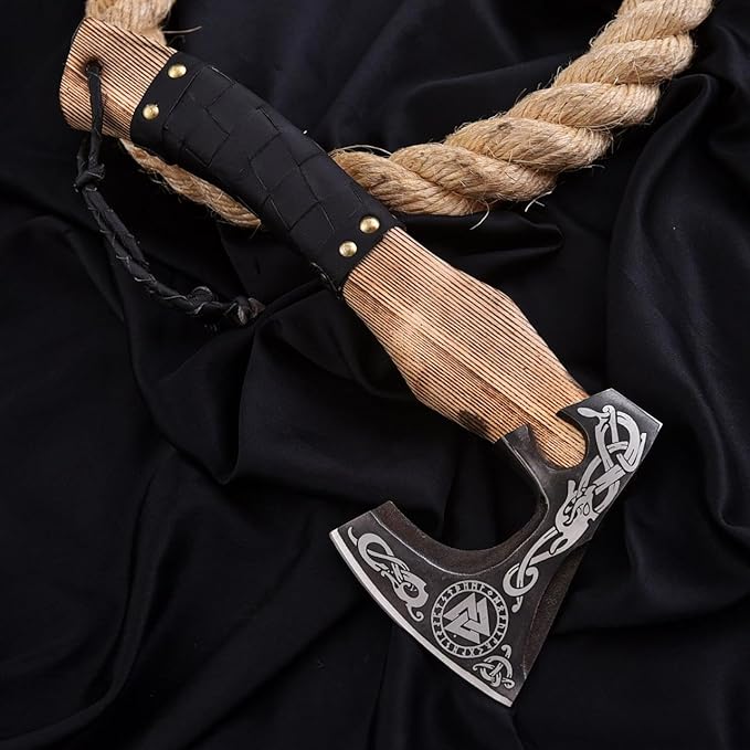 Handmade Viking Axe – Carbon Steel Blade with Ashwood Handle – Norse Hatchet for Outdoor Camping &amp Hunting Black Leather Wrapped Handle with Leather Sheath Wood Splitting Axe Viking Gifts for M