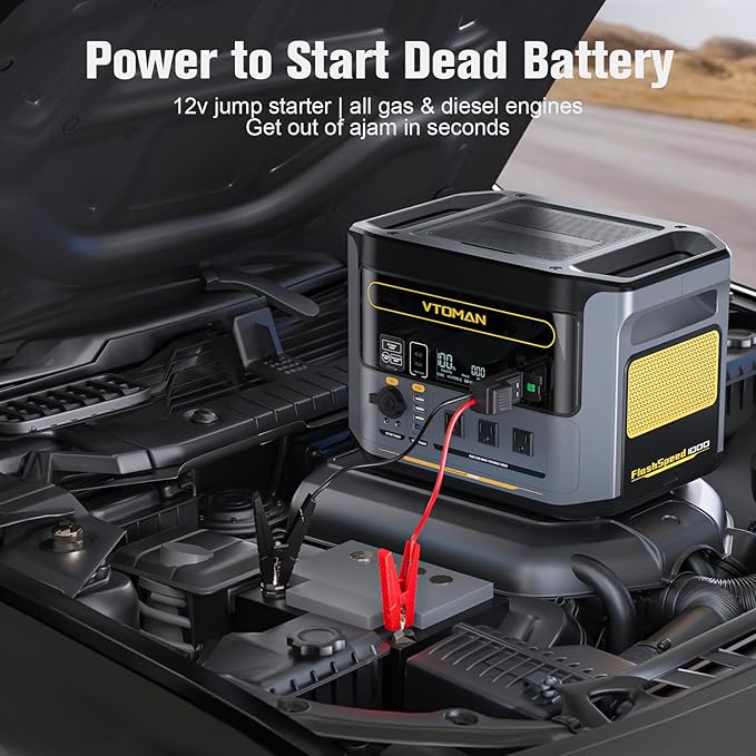 VTOMAN FlashSpeed 1000 Portable Power Station with Jumper Cables 828Wh LiFePO4 Solar Generator &amp Car Jump Starter 1H Fast Charging 2000W Peak for Home Backup Camping Roadside Emergencies