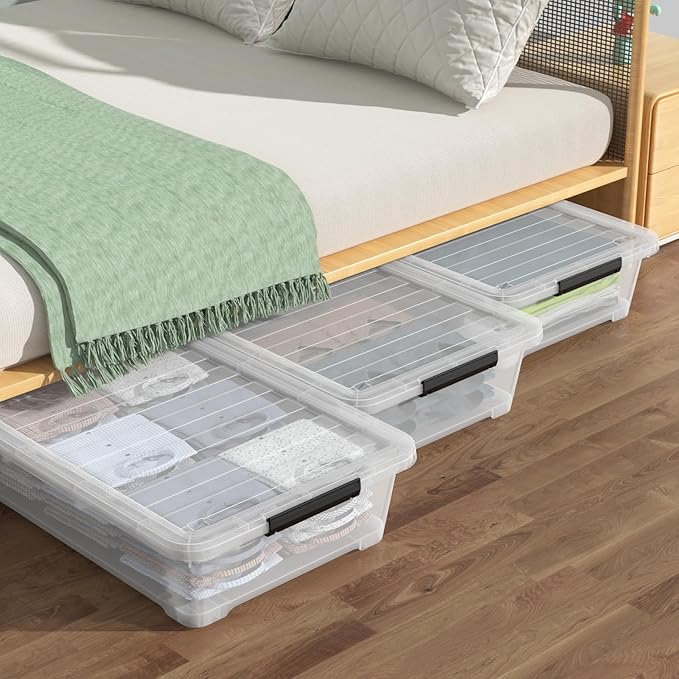 40 Quarts Clear Stackable Underbed Box Shallow Underbed Bins with Wheels Set of 3