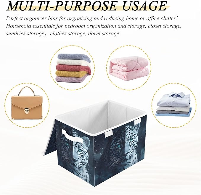 Storage Cube with Lid White Black Leopard Print 16.5×12.6×11.8 IN Collapsible Large Capacity Foldable Storage Basket Bin Organizer