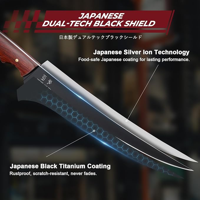Fish Fillet Knife 7inch - Black Meat Slicing Knife in High Carbon Steel Boning Knives for Meat Poultry Chicken Trimming Fish Knives with Wooden Handle Gift for Men