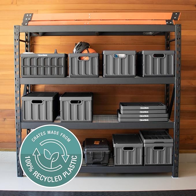 CleverMade Collapsible Storage Bins with Lids 62L – Heavy Duty Foldable Plastic Storage Crates for Garage Closet &amp Trunk Organization - Stone