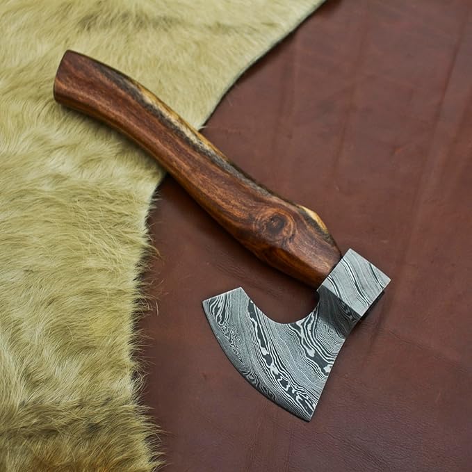 Nesmo - 012 Handmade Damascus Steel 11'' Mini Axe with Wooden Handle for Splitting and Cutting Wood Camping Axe Throwing Axe Vikinng AxeOutdoor Survival &amp Gift for Men