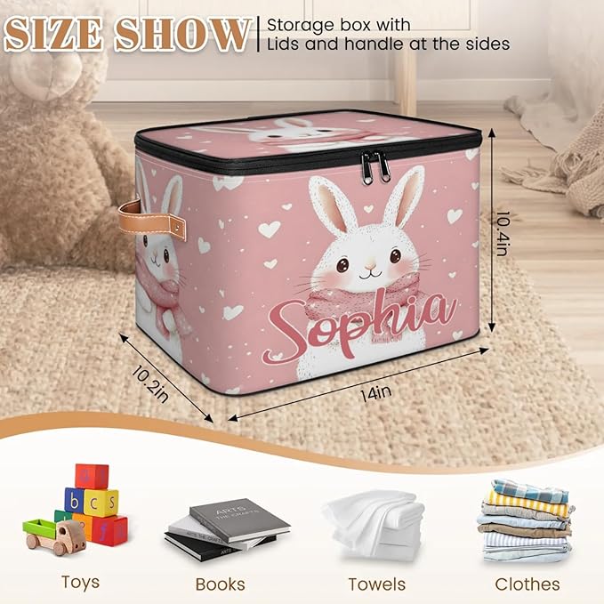 Custom Storage Basket with Name Personalized Storage Bins with Zipper Lid Foldable Fabric Storage Box Large capacity with Handle Scarf Bunny