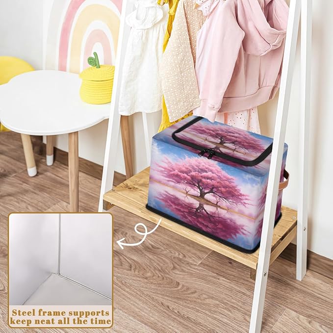 KOBLEN Pink Peach Tree Pattern Storage Basket Collapsible Rectangular Storage Bins with Zipper Lid Handle Closet Shelf Cloth Organizer Basket for Nursery Bedroom Clothes Toy