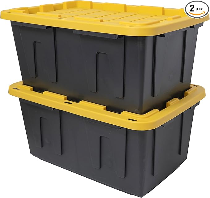 CX BLACK &amp YELLOW 27-Gallon Heavy Duty Storage Bins with Lids Stackable Plastic Storage Bins with Weather-Resistant Design Home Organization 2 Pack (14.3H x 20.6W x 30.6D)