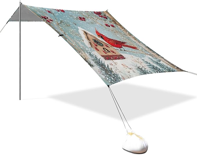 ALAZA Christmas Cardinal Bird Beach Tent Sun Shelter UPF50+ Protection Beach Shade Canopy w/ 4 Sandbags for Outdoor Camping Fishing Backyard Fun Picnic 10x9 ft
