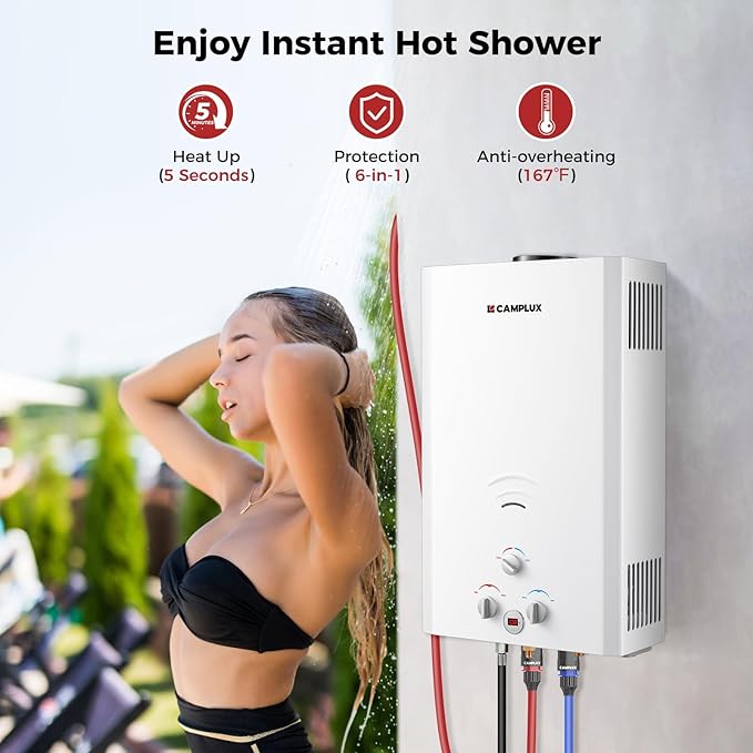 CAMPLUX Outdoor Tankless Water Heater Propane 4.22 GPM Propane Tankless Water Heater 16L Outdoor Water Heater for Camping Remote Cabins Tiny House &amp Mobile Home 110000 BTU BW422
