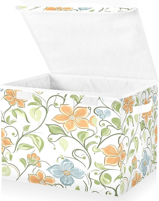 Elegant Flowers Fabric Storage Bins with Lids and HandleFoldable Storage Bins with LidsCloset Organizers for Clothes Storage Room Organization Office Storage Chest Organizer