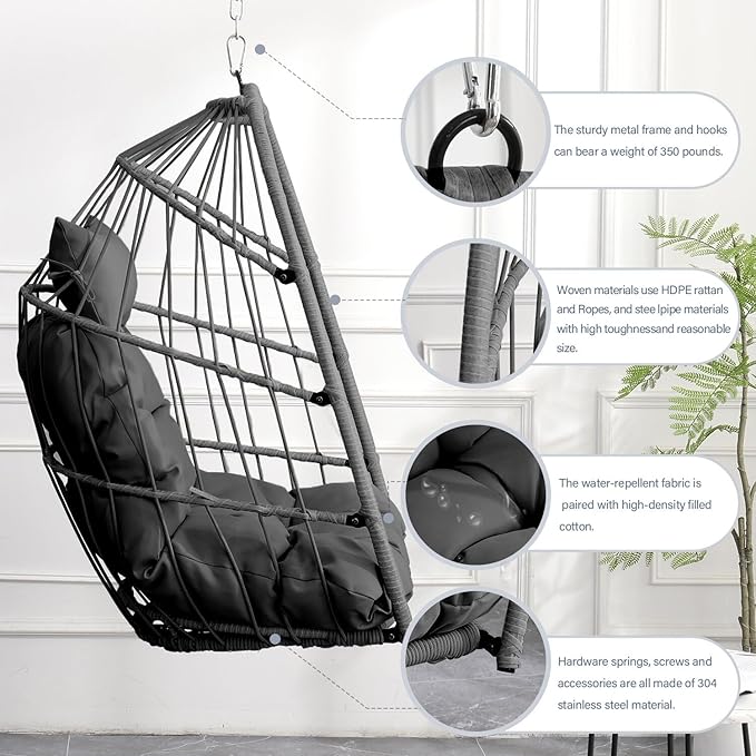 Outdoor Garden Rattan Egg Swing Chair Hanging Chair PE Hanging Chair GrayGray+Gray