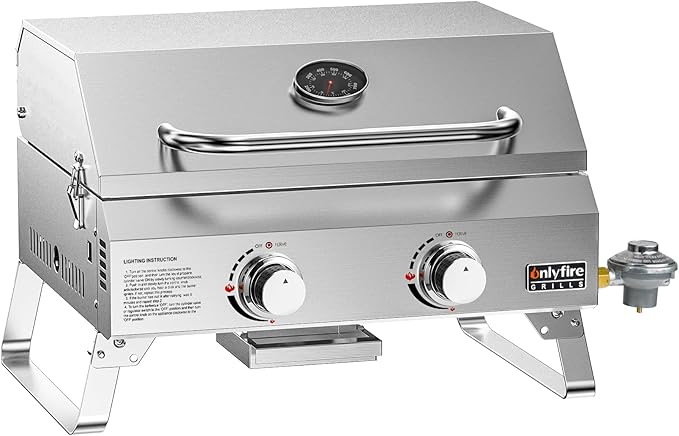 ONLYFIRE GRILLS Tabletop Gas Grill 2 Burners 20 Portable Propane Grill with Foldable Legs for Outdoor Patio Backyard Camping Tailgating RV Trip Beach Stainless Steel Gas Stove 16000BTU GS322
