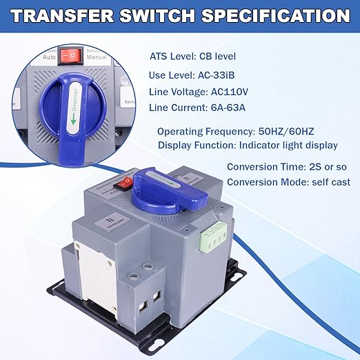 2P 63A 110V Dual Power Automatic Transfer Switch Generator Changeover Switch 50HZ/60HZ
