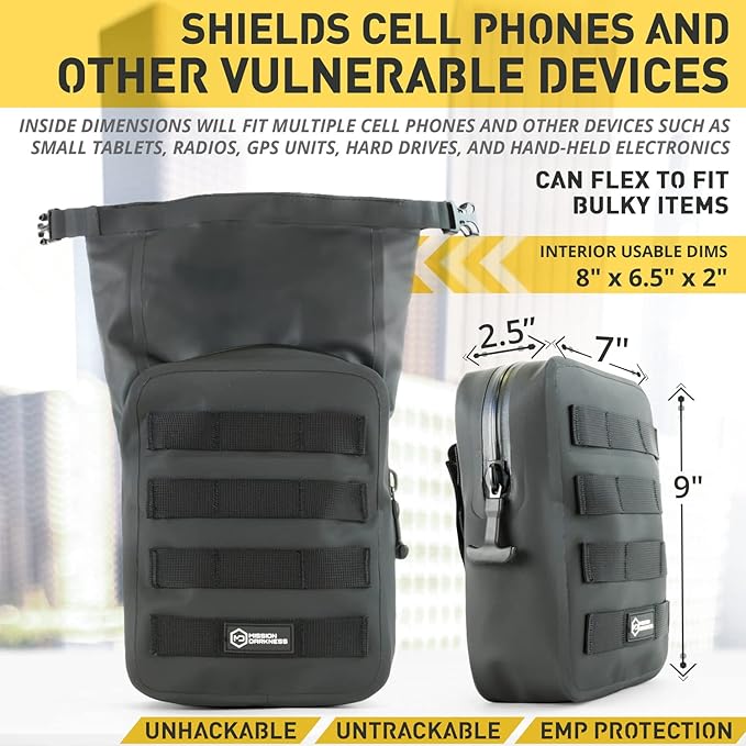 Mission Darkness Dry Shield MOLLE Faraday Pouch (2nd Gen) // Waterproof &amp Submergible Dry Bag + RF Shielding Liner. Signal Blocking Anti-tracking EMP Shield Data Privacy Electronic Device Secu