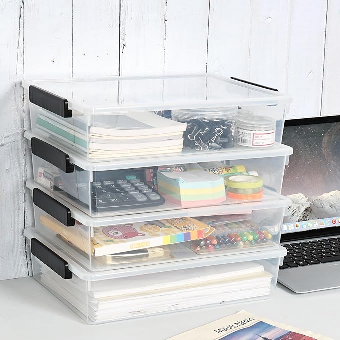 Morcte 6 Qt Clear Plastic Storage Bins with Lids Plastic Stackable Storage Container with Latch Lids Arts or Crafts Supplies Storage Containers for Home Office 4 Pack