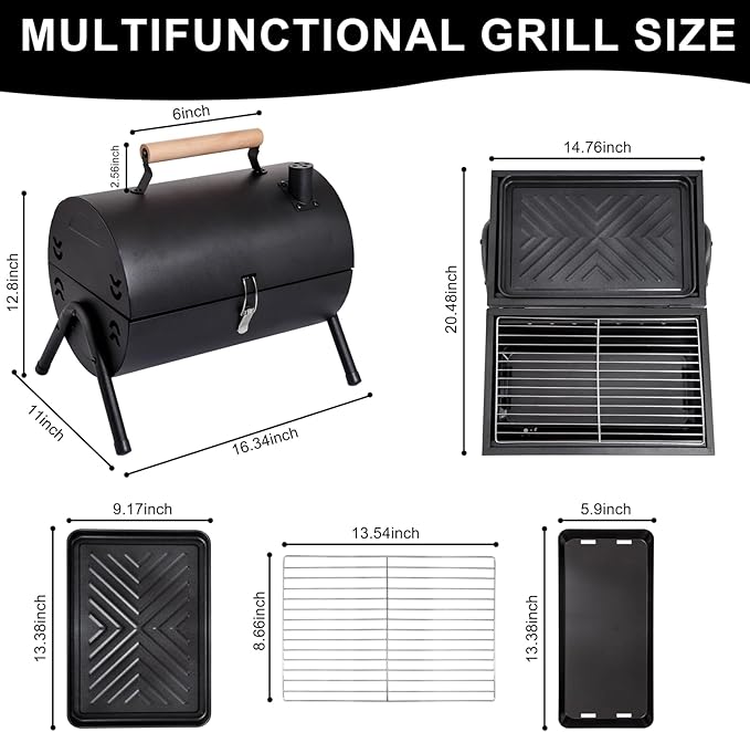 Supernal Portable Charcoal GrillTabletop Charcoal GrillBBQ Grill for Outdoor Cooking CampingPicnicsBackyardBalcony-Black2 Carbon Tank2 Baking Net1 Baking Pan