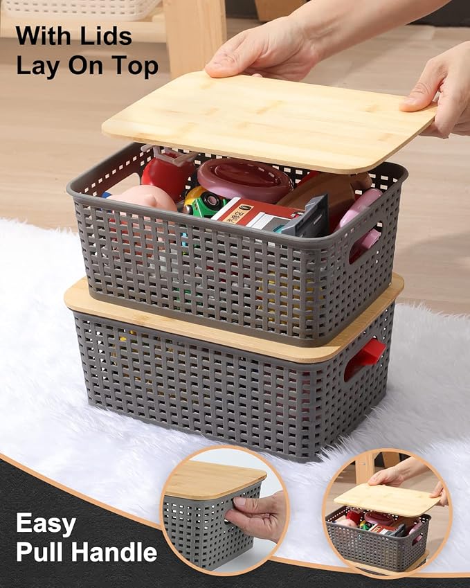 AREYZIN Storage Bins with Bamboo Lids Set of 6 Lidded Storage Container Plastic Baskets Organizer Bins for Organizing Kithen Room Bedroom Office Closet Sturdy(Grey)
