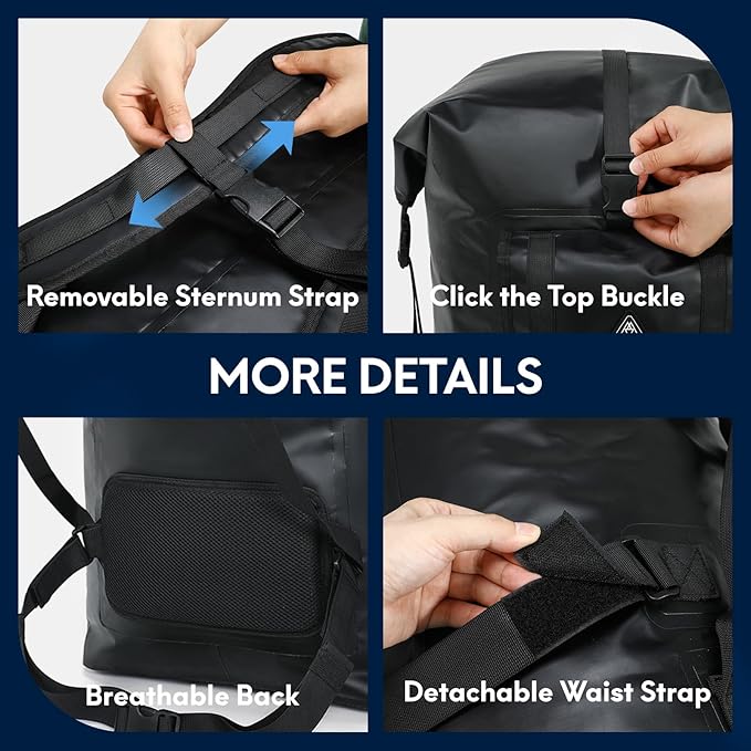 Haimont Large Waterproof Dry Backpack IPX7 Roll-top Dry Marine Dry Bag for Men Kayaking Rafting 100L Black
