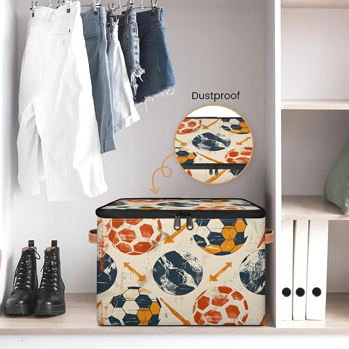 Storage Bins with Lids Soccers Print Storage Basket Clothes Organizer with Handles Closet Storage Containers for Clothing Bedding Blanket