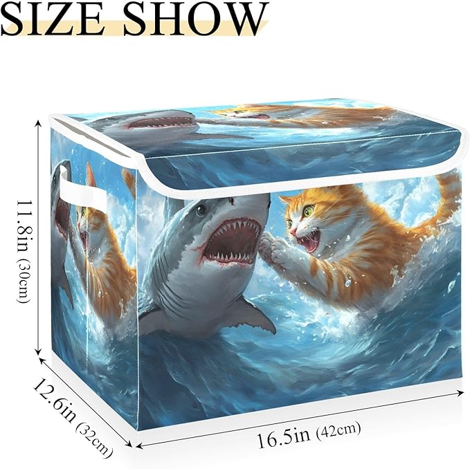 Storage Cube with Lid Cat and Fish Print 16.5×12.6×11.8 IN Collapsible Large Capacity Foldable Storage Basket Bin Organizer