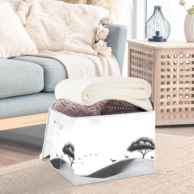 AIXIWAWA Lidded Storage Cube (Line Landscape) Fabric Foldable Closet Bins with Flip Lid and Handles Organizer Basket Container 16.5 x 12.6 x 11.8 IN