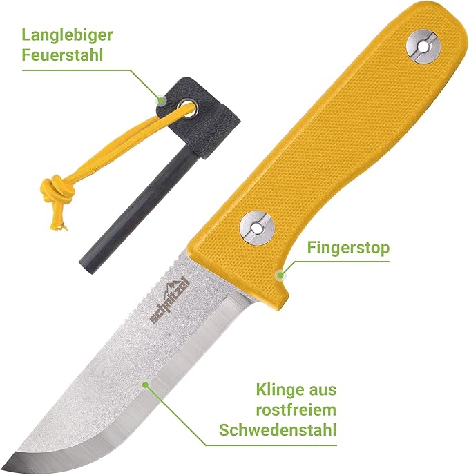 SCHNITZEL DU Kids Whittling Knife – Fixed Blade Outdoor Knife for Wood Carving and Beginners Yellow