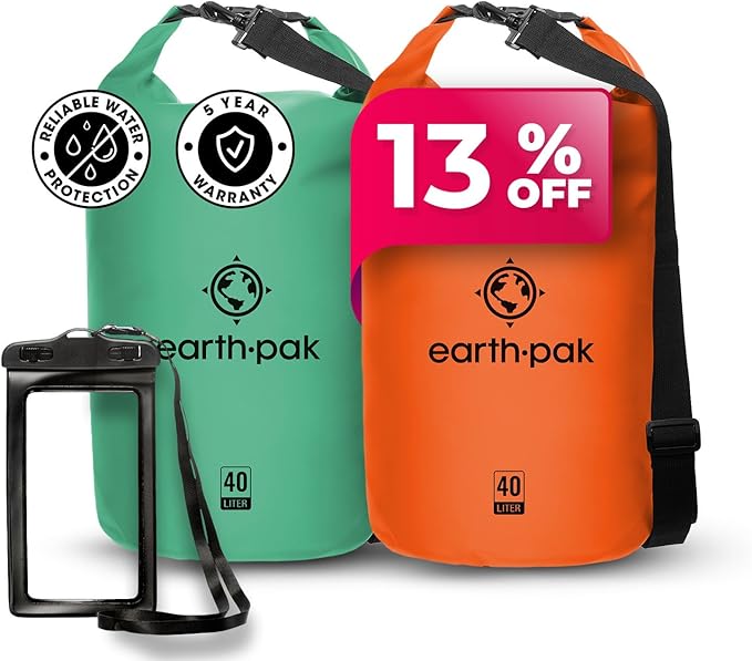 Earth Pak Waterproof Dry Bag - Roll Top Waterproof Backpack Sack (Seafoam Green 40L &amp Orange 40L)