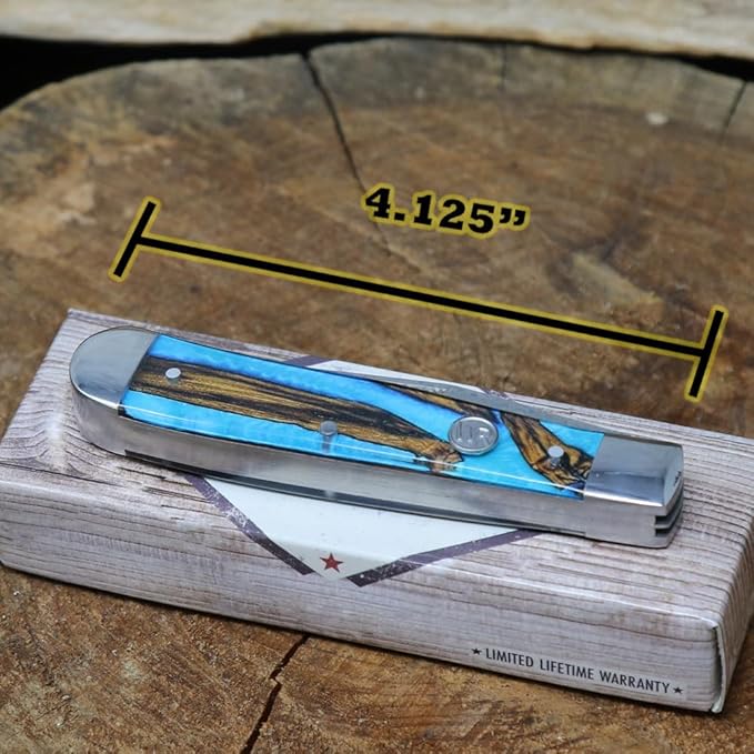 WHISKEY BENT HAT CO. Traditional Trapper Folding Pocket Knife 4.125 Closed Length 440C Stainless Steel Blades (Spring Branch - Damascus Blades)
