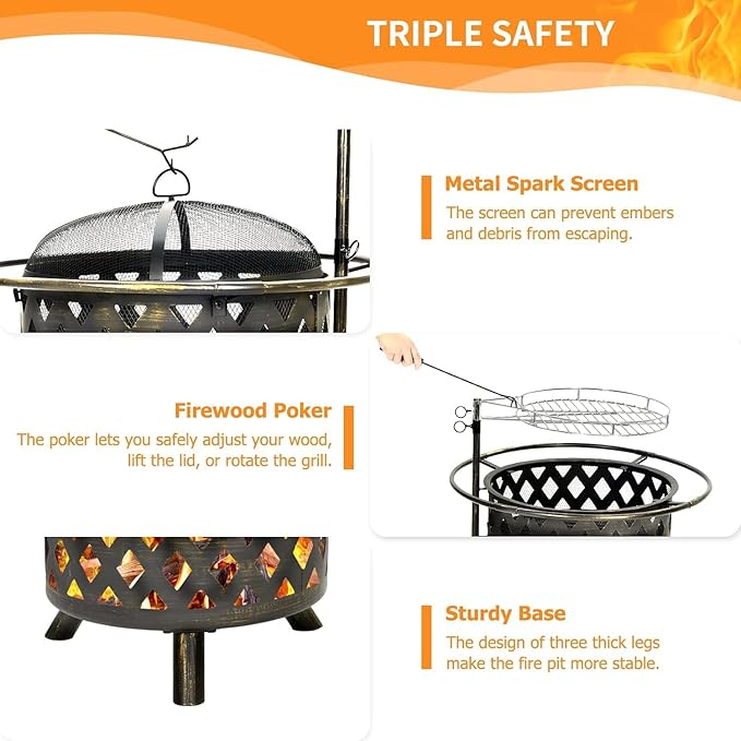 2 in 1 Firepit with Grill 30 Inch Outdoor Fire Pit with Mat &amp Spark Screen &amp Cooking Grate - Large Round Steel Fire pits for Patio Backyard &amp Garden - Includes Poker for Wood Burning &amp