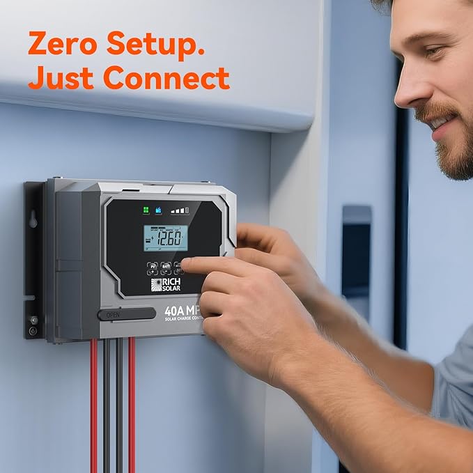 RICH SOLAR Bravo 40 | 40A MPPT Solar Charge Controller with Bluetooth – 12V/24V Auto-Detect Lithium &amp Lead-Acid Battery Support for RVs Campers &amp Off-Grid Systems