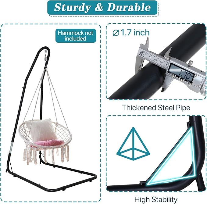 Dkeli Hammock Chair Stand Portable Heavy Duty Solid Steel Stand Only Outdoor Indoor Hanging Chair Stand for Air Porch Swing Chair w/Weather-Resistant Finish Offset Base 360-Degree Rotation Black