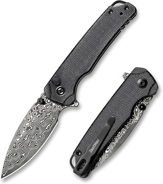 Damascus Folding Pocket Knife 2.99 Blade Micarta Handle Sharp Cool Small EDC Pocket Knives with Clip for Men Women Camping Hiking Survival Outdoor Mini 3080MB (Black)