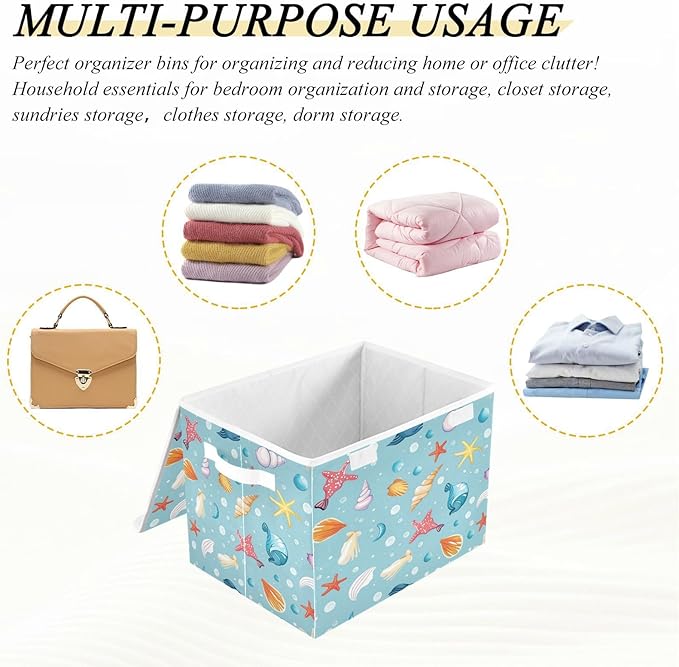 Storage Bins With Lid Stackable Fabric Closet Organizer Clothing Storage Large Boxes For Closet Shelves Bedroom Blue Marine Icons