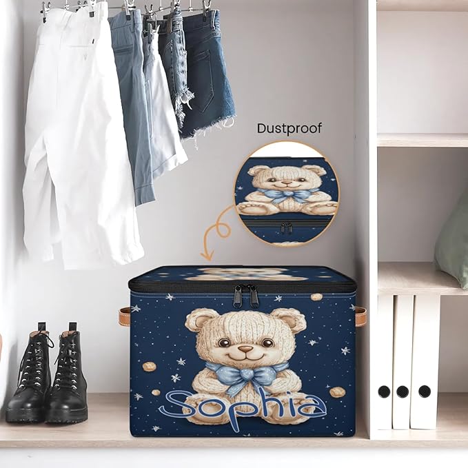 Custom Storage Basket with Name Personalized Storage Bins with Zipper Lid Foldable Fabric Storage Box Large capacity with Handle Starry Sky Bear