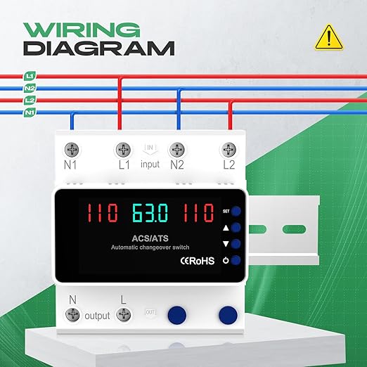 Automatic Transfer Switch 63A 110V DIN Rail Mount Generator Transfer Switch with Automatic and Manual Operation LED Display Over Voltage and Over Current Protection 50/60Hz