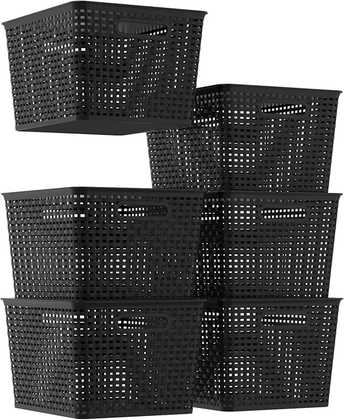 6-Pack Plastic Storage Baskets with Lid Lidded Storage Organizer Bin Black