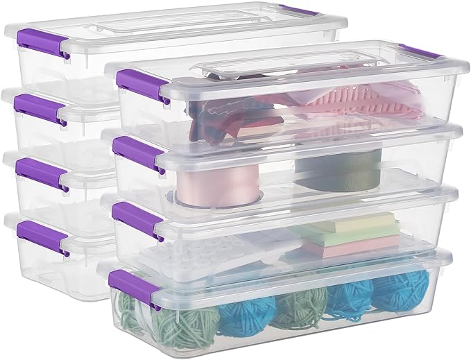 Plastic Storage Containers Clear Craft Storage Bins with Grey HandleOrganizer Box with Durable Lids Stackable Containers for Organizing Craft and Tools (8 Pack-4 Quart Purple)