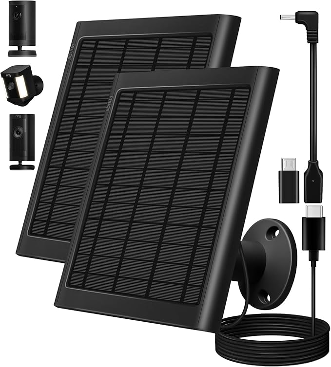 8W Solar Panel for Ring Camera 2-Pack Solar Panel Charger Compatible with Ring Stick Up Cam Battery Spotlight Cam Battery Includes Barrel Plug to USB-C Adapter IP65 Waterproof 10ft Cable