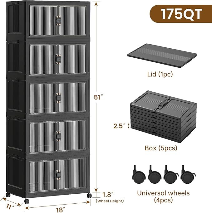 SAILUN 44Gal/175Qt Stackable Storage Bins Folding Collapsible Storage Bins with Lid Closet Organizers and Storage Box with Door Black 18 W x 11 D x 51 H