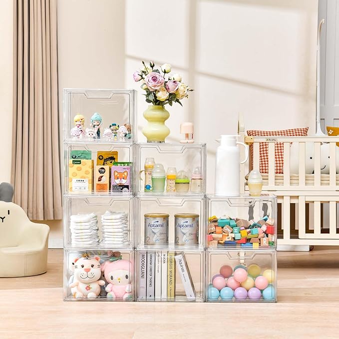 Freebat Stackable Storage Bins Clear Acrylic Display Case 9-Pack Acrylic Boxes with Lids Clear Storage Containers Storage for Handbags Collectibles &amp Figures