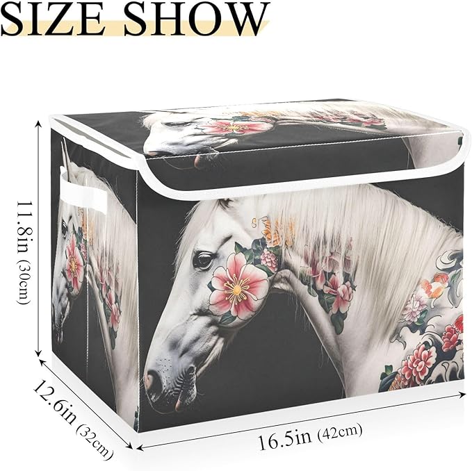 AIXIWAWA Lidded Storage Cube (Horse with Painting) Fabric Foldable Closet Bins with Flip Lid and Handles Organizer Basket Container 16.5 x 12.6 x 11.8 IN