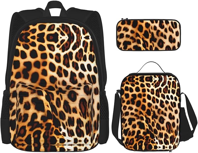 3pcs Backpack Sets Leopard Animal Print Printed Backpacks Set With Lunch Bag Pencil Pouch