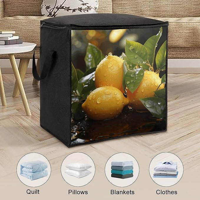 Comforter Storage Bag Clothes Storage Bins with Lids Foldable Fresh Lemon Print Storage Containers for Clothing Blanket Bedding Comforter